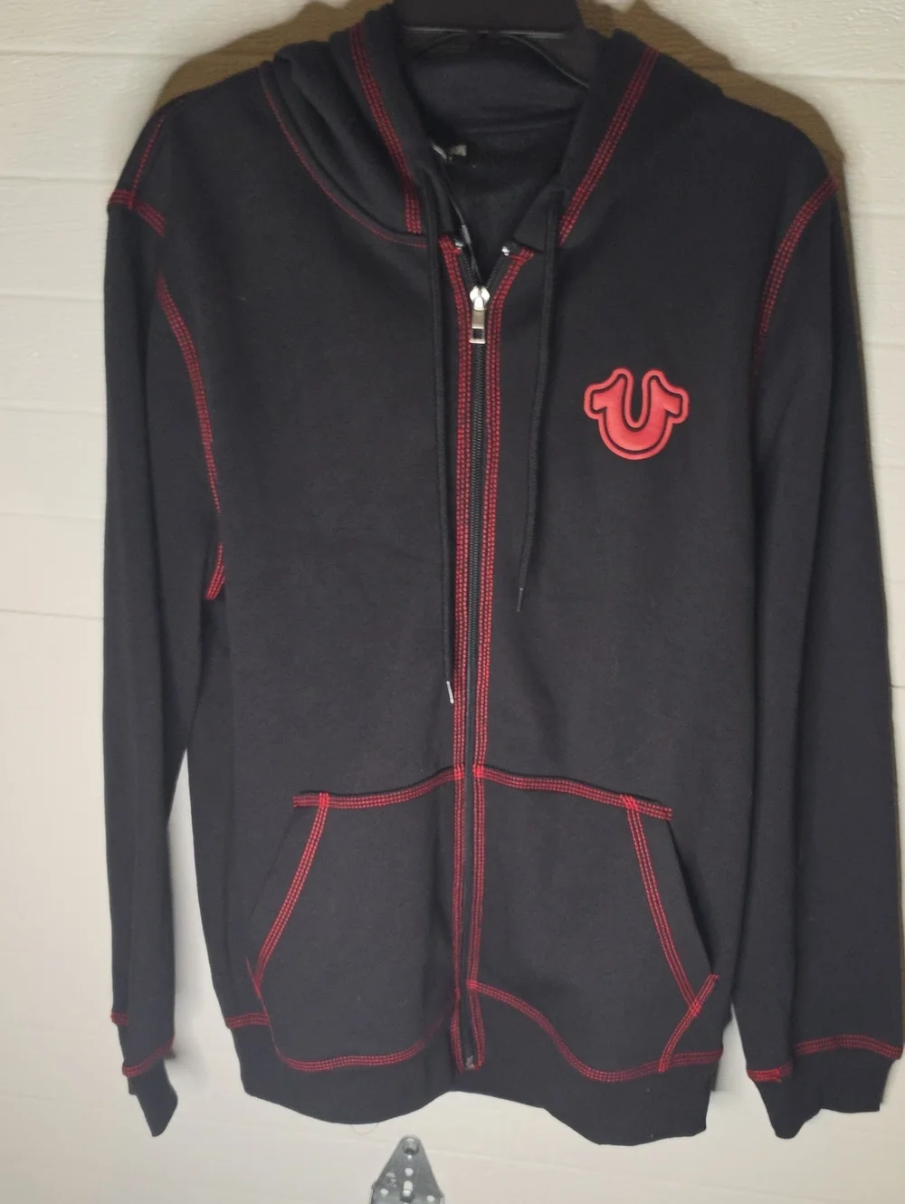 True Religion Black Zip Hoodie Tnl with Red Stitching and Logo M